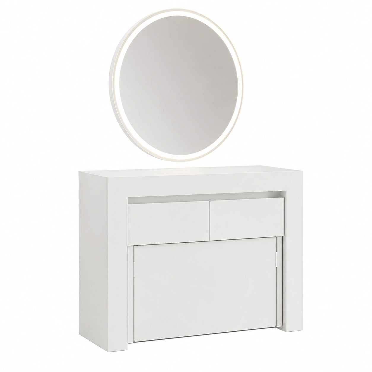 Conjunto Extensible de Consola y Bancos de Madera Lacada Blanca, Fabricado en Italia