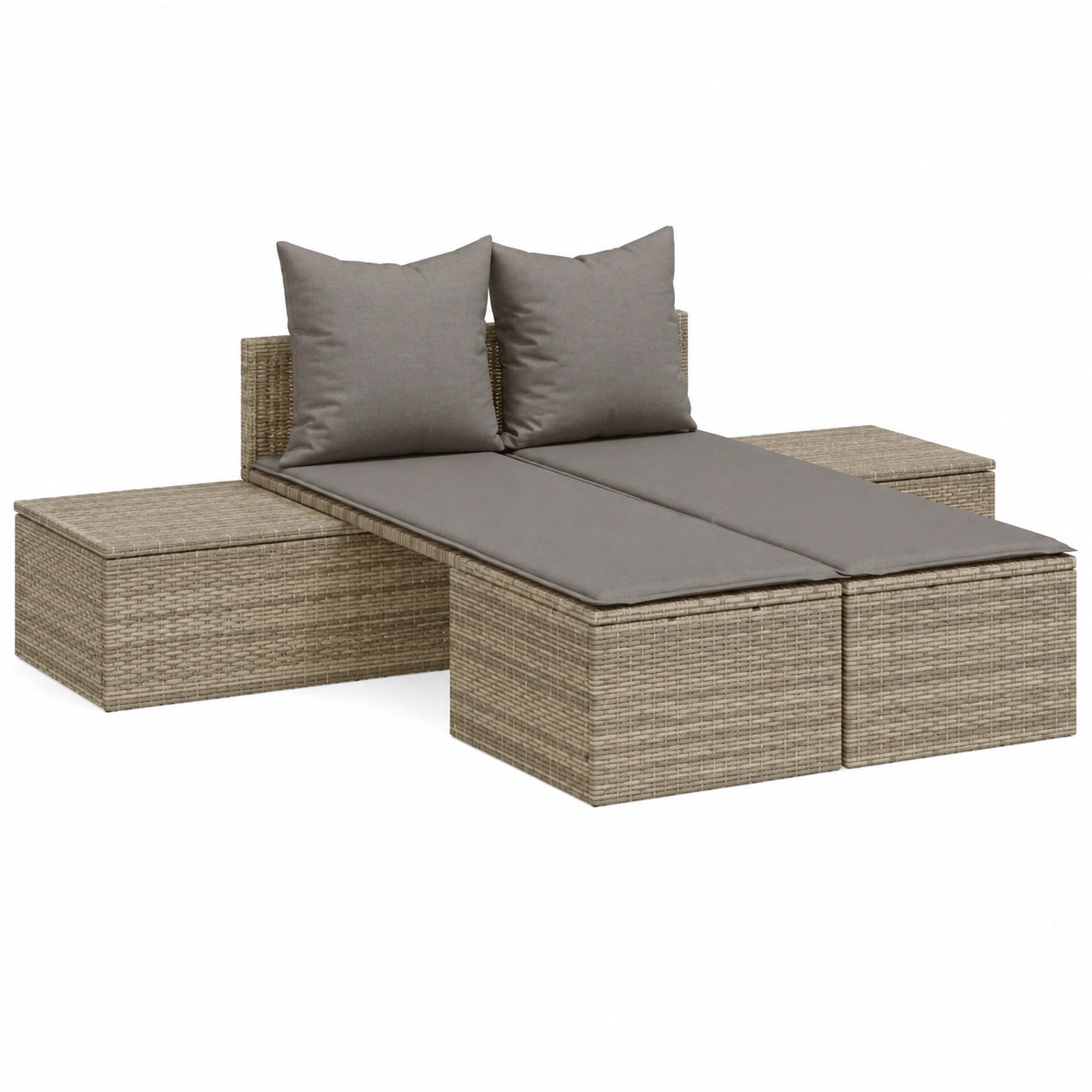 Cama Solar Doble de Jardín con Cojines Ajustables en Ratán Gris