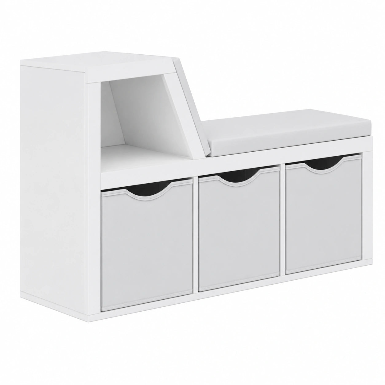 Estantería Banco Oscar 4 Compartimentos con Cojines Grises y Cajones de Tela, 102 cm en Blanco