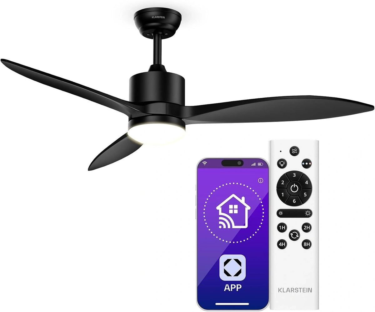 KLARSTEIN, Ventilatore da soffitto, 132cm, con telecomando, a LED, silenzioso, Nero