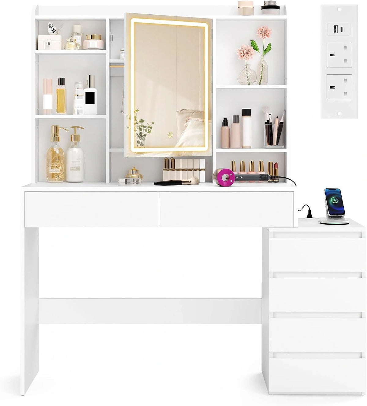 VASAGLE KAILYN, Tavolo, 145 cm, a LED, regolabile, Bianco
