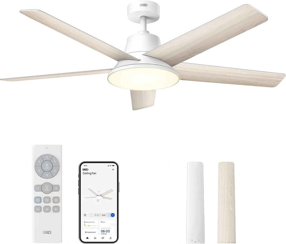 DREO, Ventilatore da soffitto, 132 cm, con timer, a LED, silenzioso, Bianco