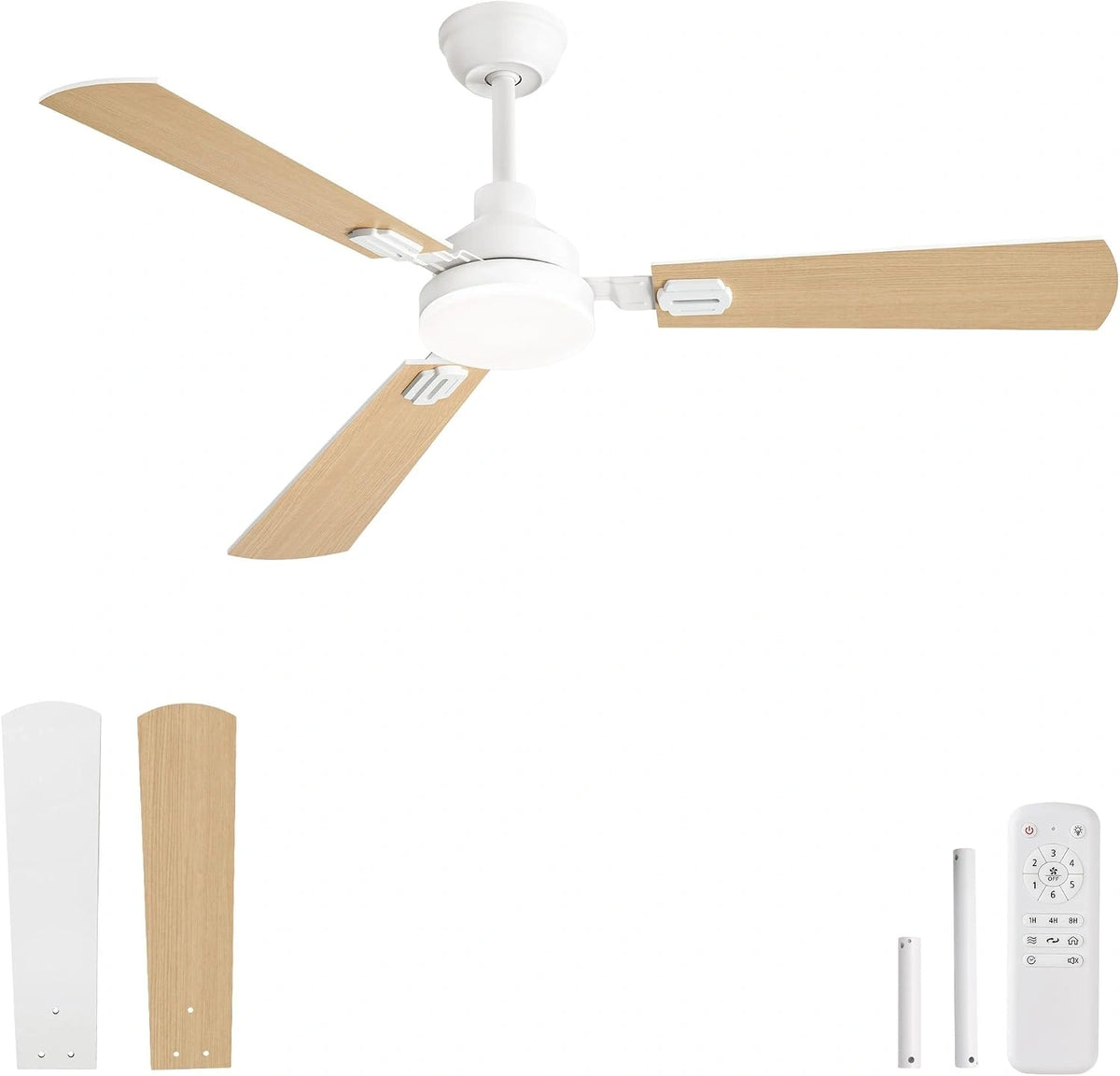 Ventilatore da soffitto, 132 cm, con telecomando, a LED, silenzioso, Bianco/Marrone