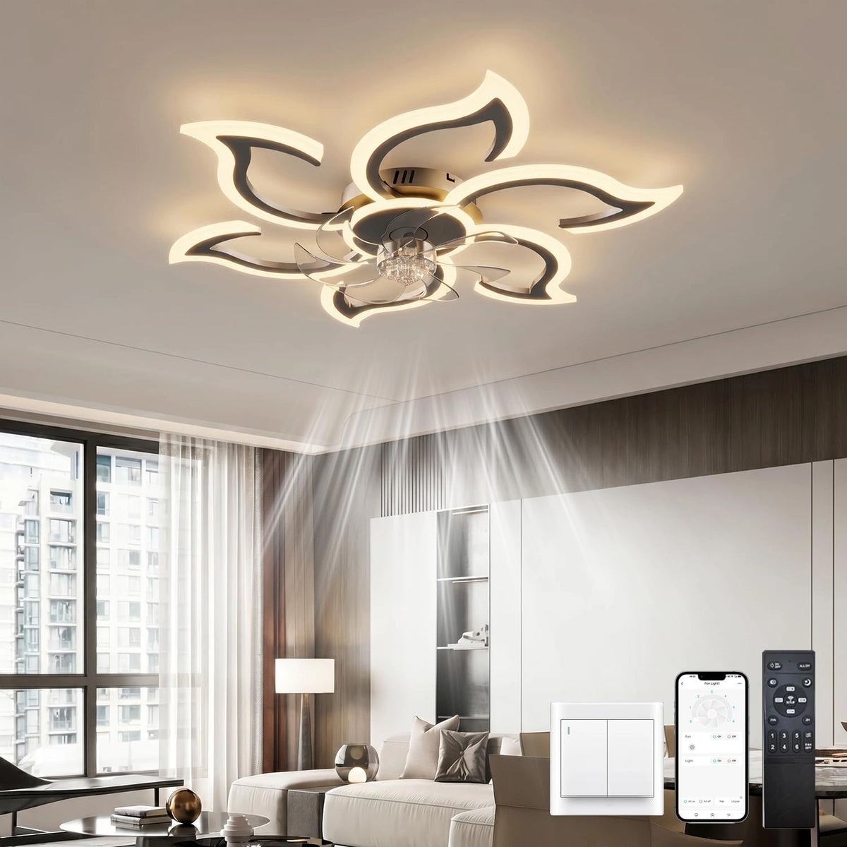 LJX, Ventilatore da soffitto, 88cm, con timer, silenzioso, Nero