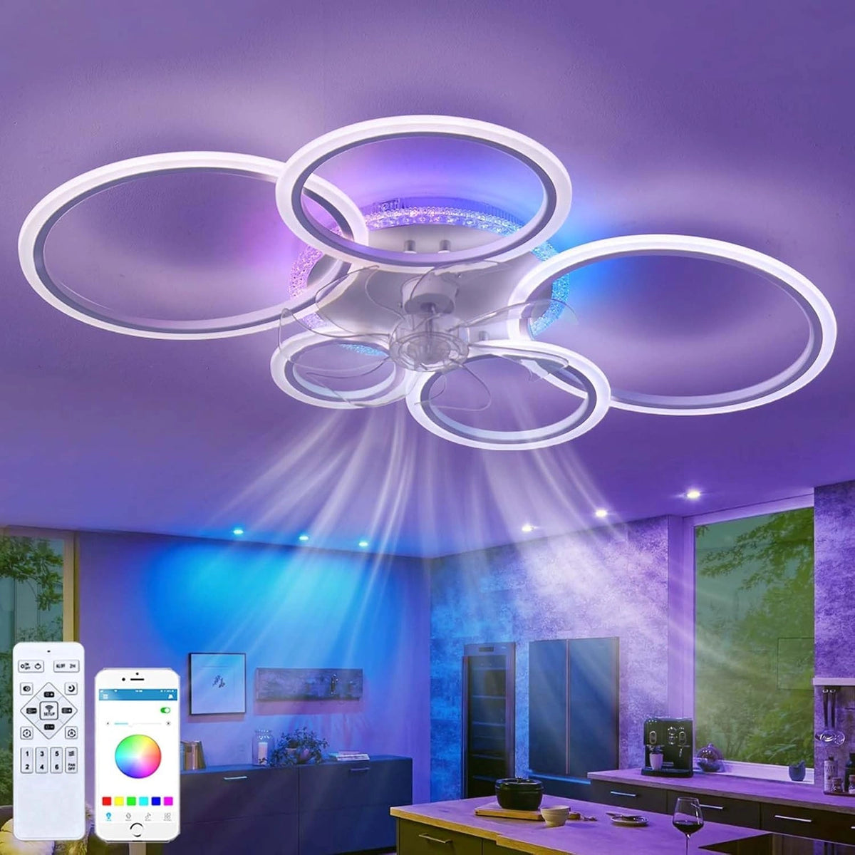 RGB, Ventilatore da soffitto, 95 Cm, con telecomando, silenzioso, Bianco