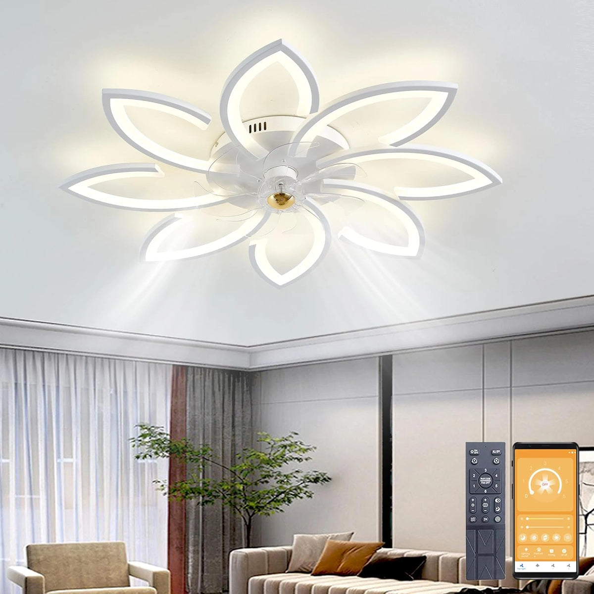 Narwhal LED, Ventilatore da soffitto, 74W, con telecomando, con timer, a LED, Bianco