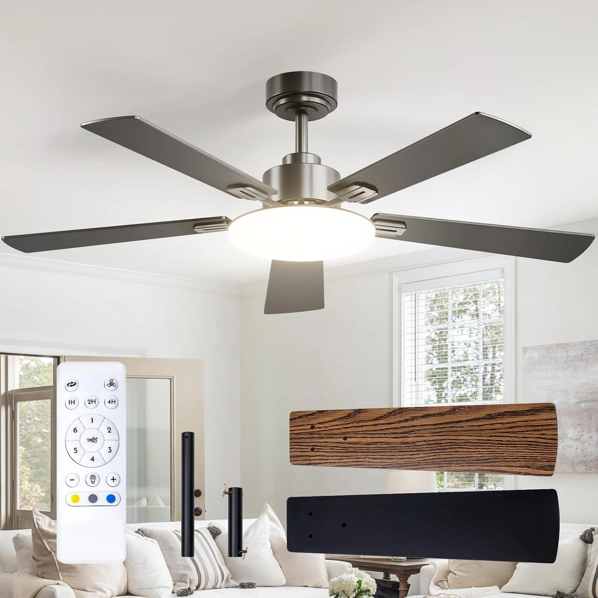 Passky, Ventilatore da soffitto, 132 cm, con telecomando, a LED, Nero