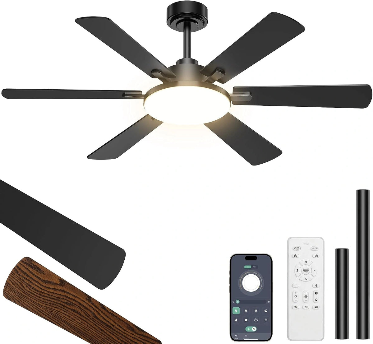Ventilatore da soffitto, 132 cm, con telecomando, a LED, silenzioso