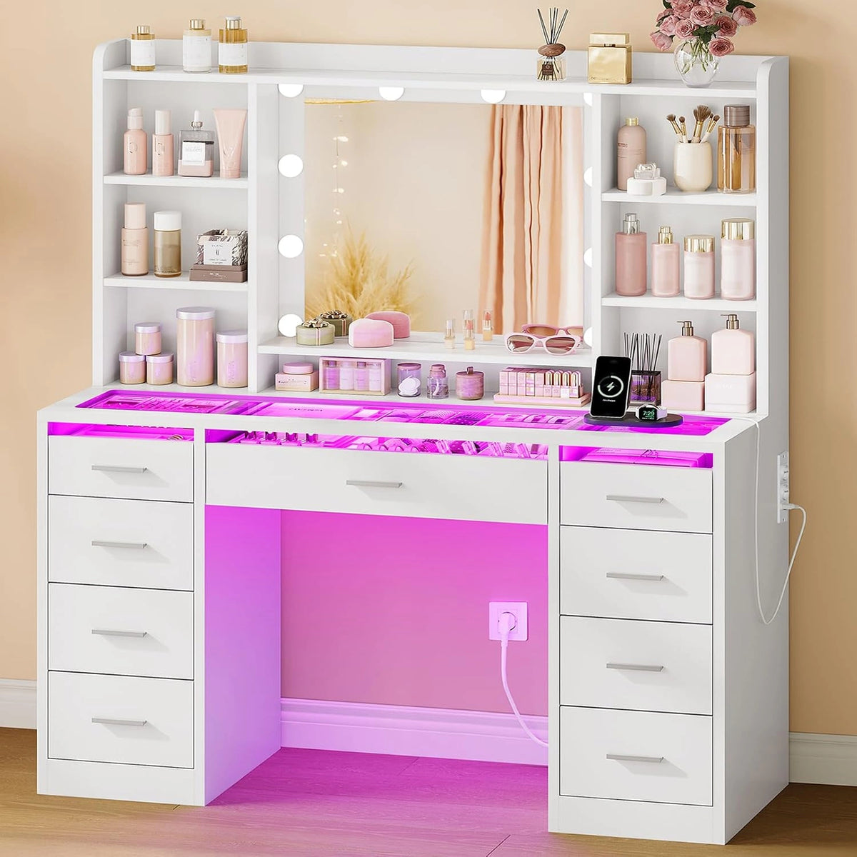 TEENFON, Specchio, a LED, regolabile, Bianco