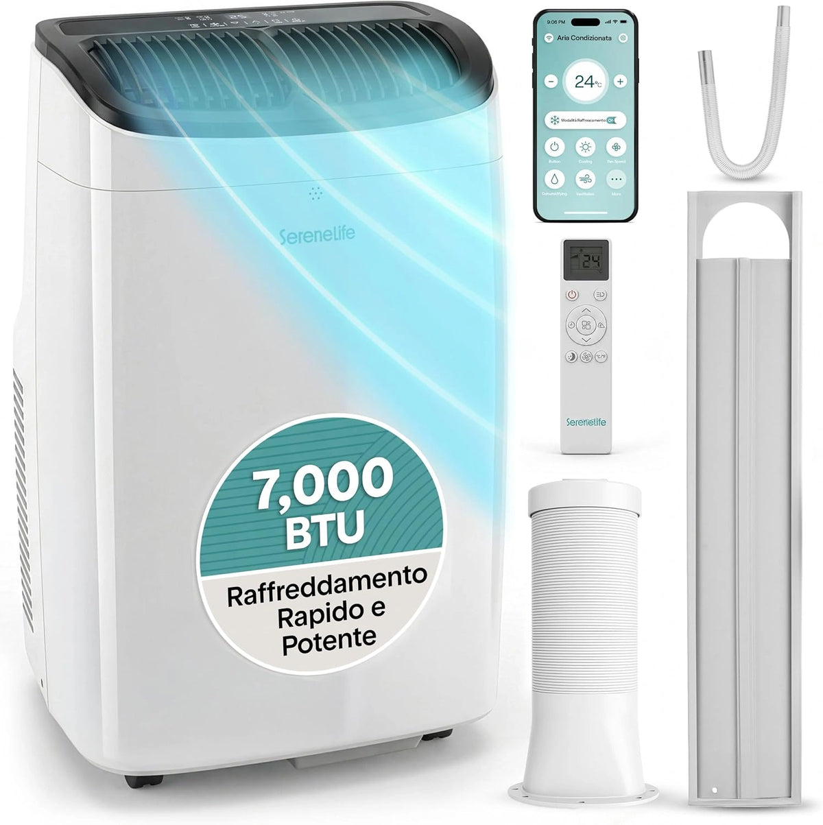 SereneLife, Climatizzatore portatile, 7000 BTU, con telecomando, portatile