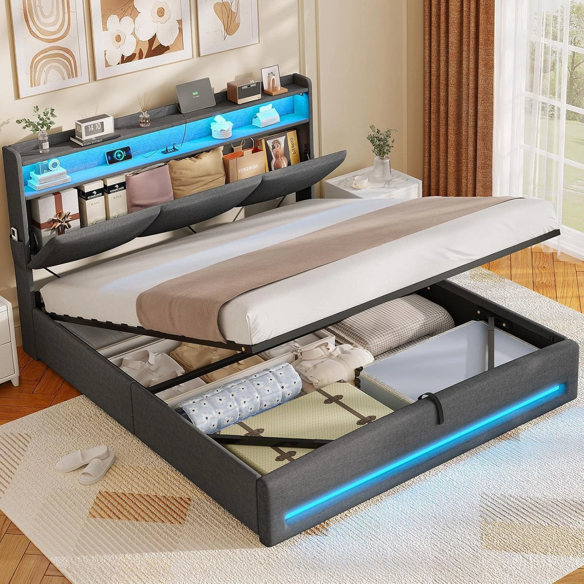 AGOLLATI, Letto, 200 cm, a LED, Grigio