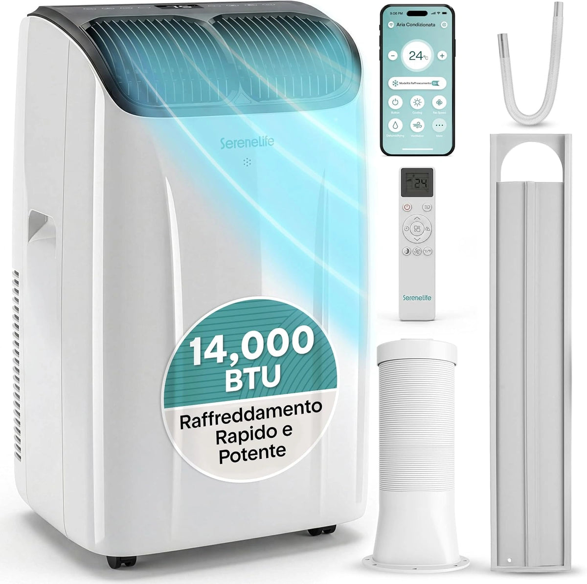 SereneLife, Climatizzatore portatile, 14000 BTU, portatile, multifunzione