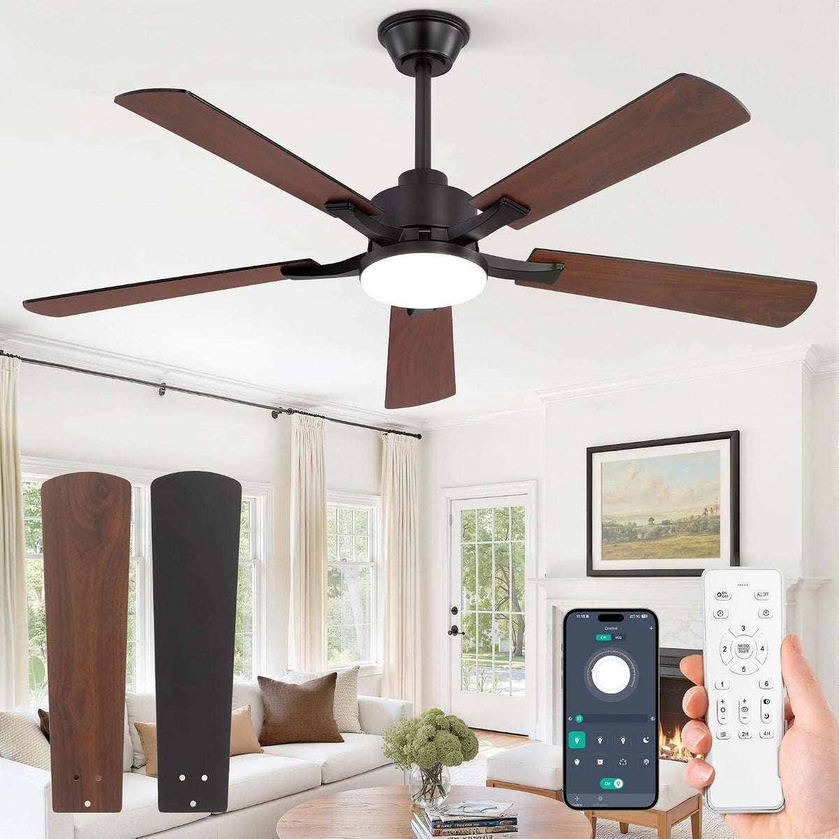 ZMISHIBO, Ventilatore da soffitto, 132 cm, con telecomando, a LED, silenzioso, Nero/Marrone