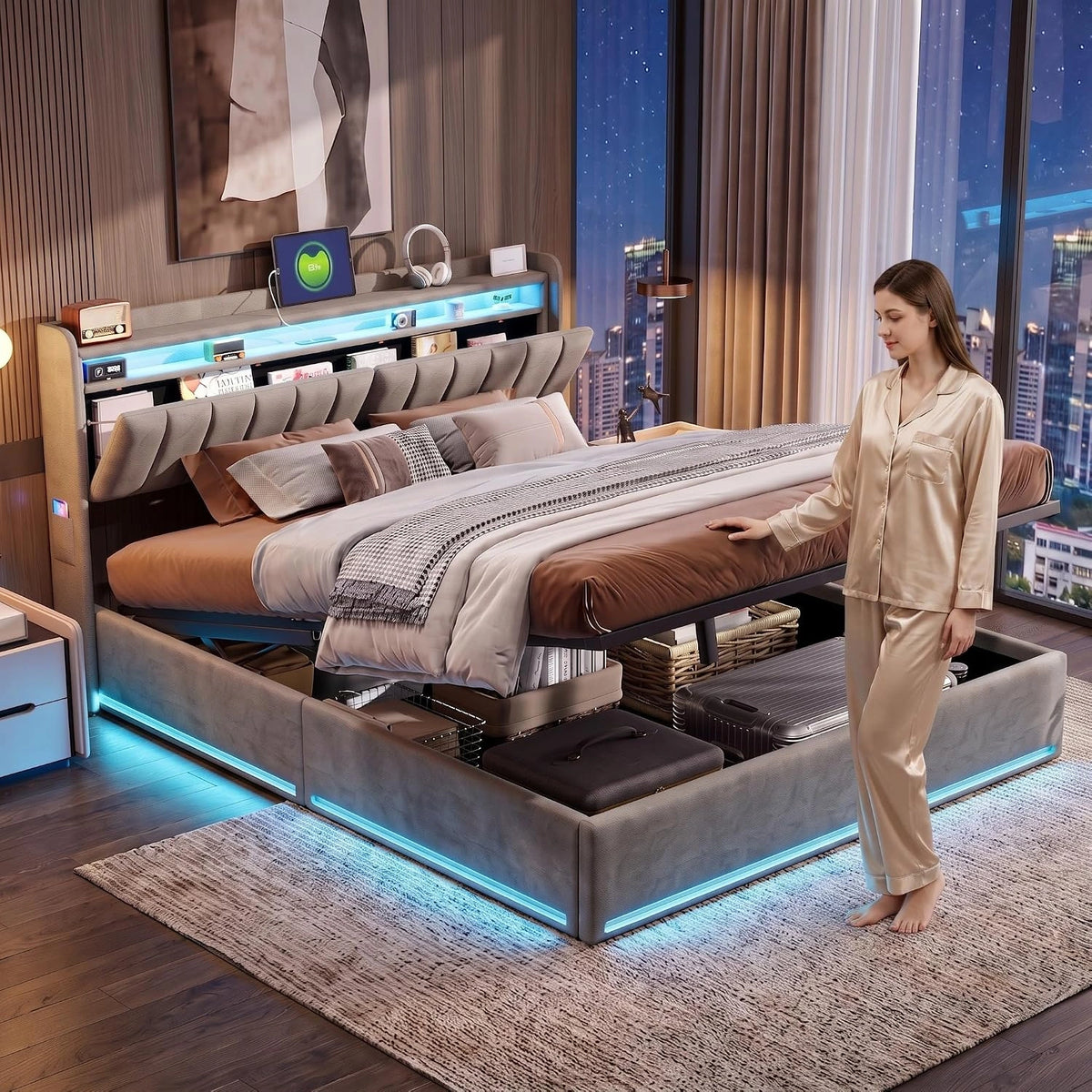 Letto, 200 cm, a LED, Grigio